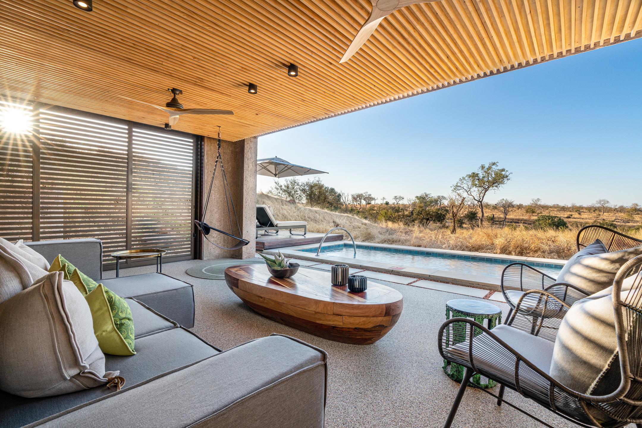 <p>The suites at Sabi Sabi Earth Lodge feature private outdoor decks, designed to provide guests with a relaxing and comfortable space to enjoy the stunning natural surroundings. The decks are spacious and well-appointed, providing guests with a range of amenities to enhance their stay.</p>